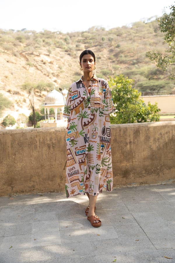 White Abstract Printed Oversized Kaftan Midi Dress — HAPPI SPACE