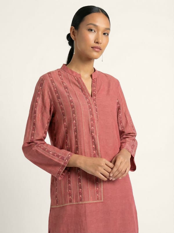 Pink Muslin Silk Striped Printed Long Tunic — SAUNDH