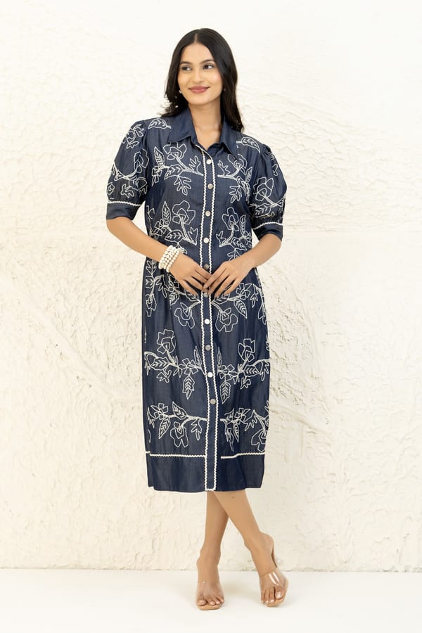 Indigo Embroidered Shirt Dress — Younglings