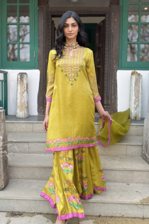 Yellow Gaji Satin Sharara Kurta Set with Organza Dupatta — Basil Leaf