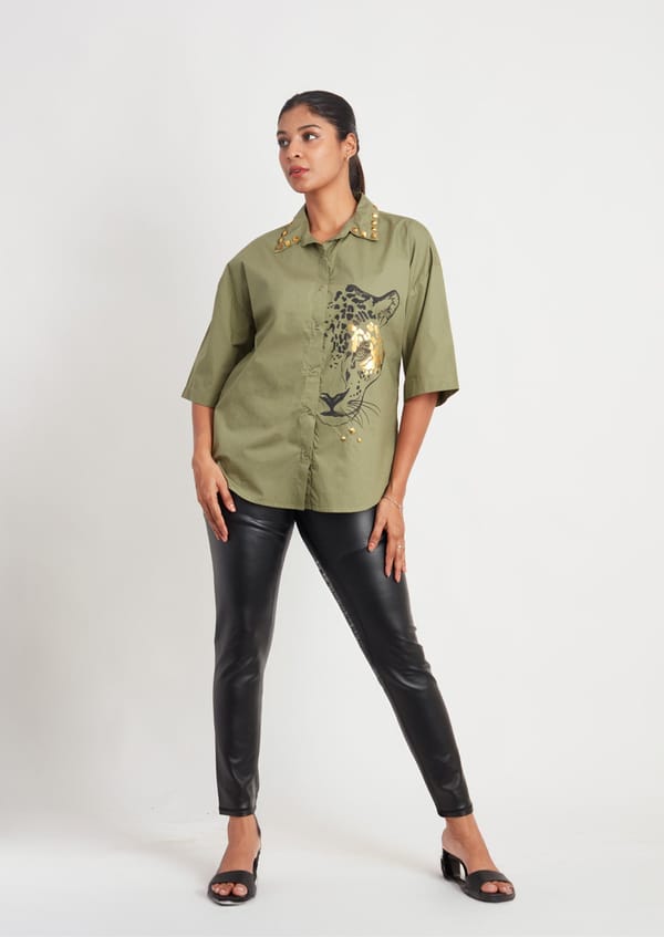 Olive Comfort Fit Cotton Shirt with Foil Print and Studs — Richa Goenka