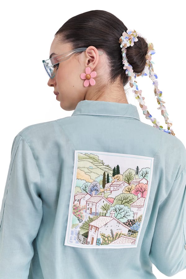 Plume Blue Cotton Linen Shirt with Back Embroidery — Our Love