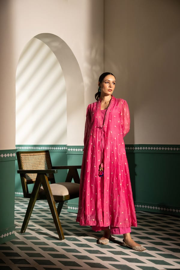 Pink Jacket-Style Kurta Set with Gold Buti — Isha Sawhney