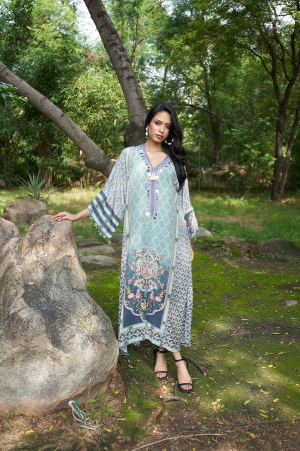 Blue Printed A-Line Kaftan with V-Neck and Tassel Detail — Chakkraa