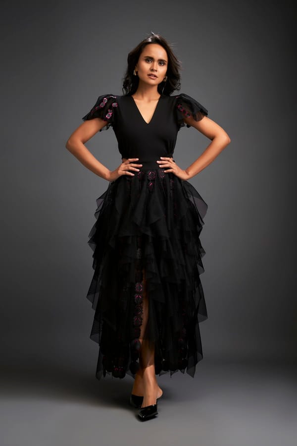 Fitted V-neck Top With Ruffled Sleeves And Sheer Cutwork Skirt — Deepika Arora