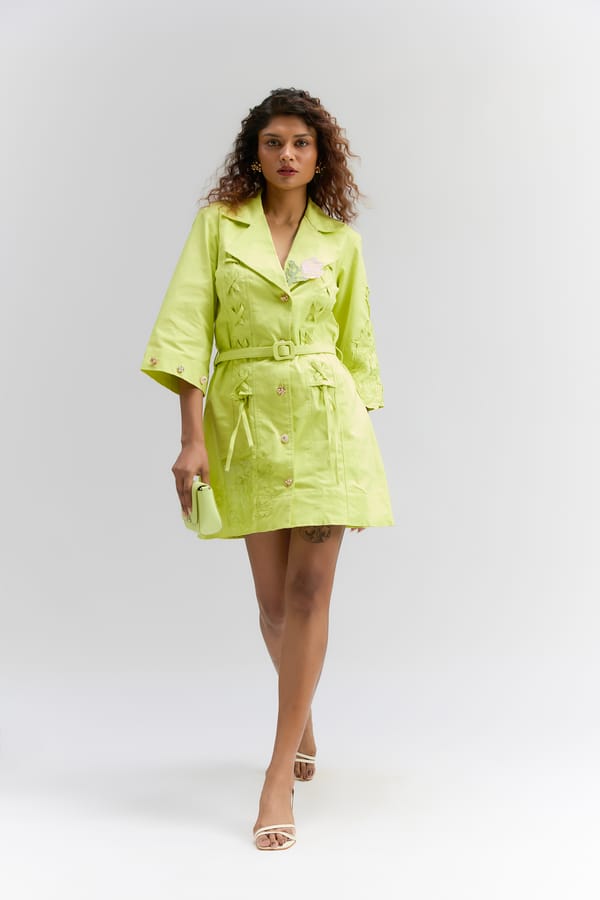 Green Denim Embroidered Blazer Dress — Itara an another