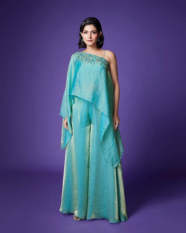 Aqua Blue Shimmer Tissue 3-Piece Co-ord Set — QUNIC