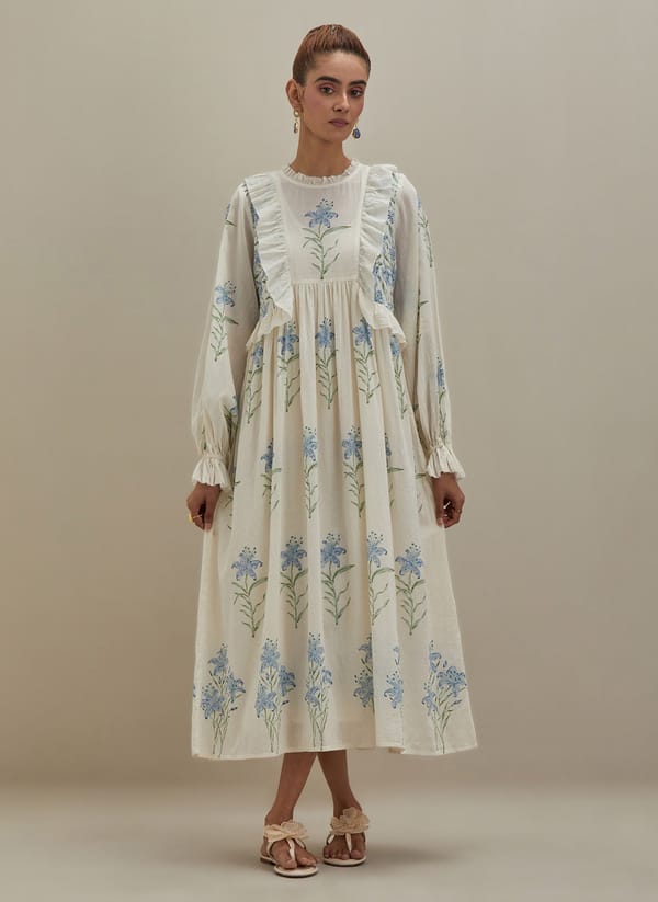 Off White Cotton Dress Block Print — Upavita