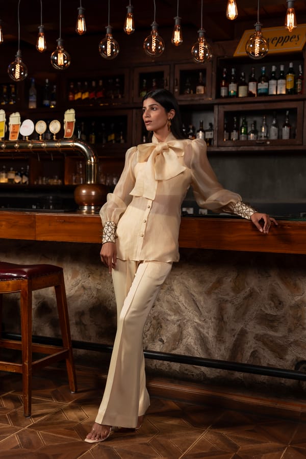 Ivory Organza Tie-Neck Shirt and Flared Pants Co-ord Set — Isha Sawhney