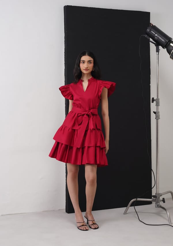 Cherry Red Tiered Mini Dress with Ruffle Sleeves — AMOSHI