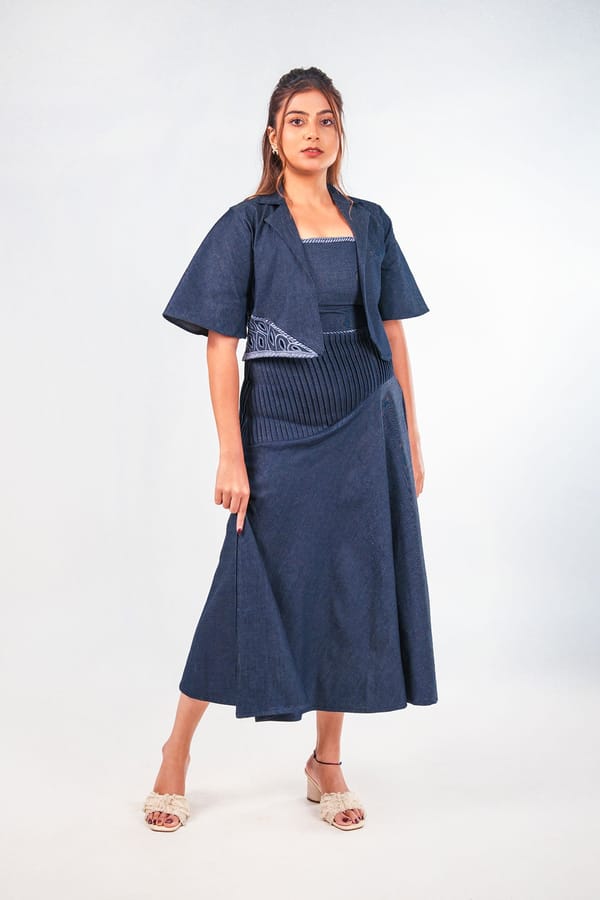 Dark Blue Denim 3-Piece Co-ord Set with Cutwork Jacket — 9899