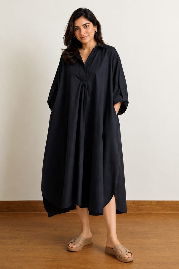 Navy Cotton Poplin Oversized A-Line Midi Dress — Loma Naturally