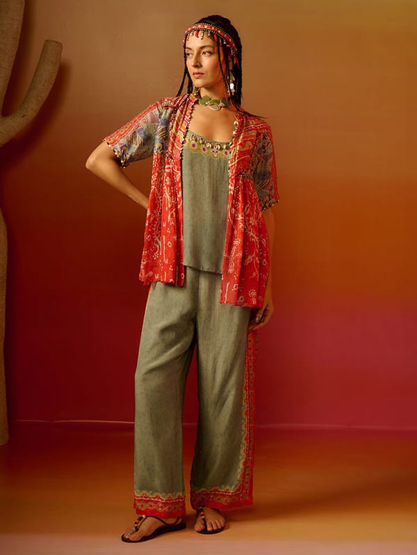 Grey Co-ord Set with Printed Open Overlay and Wide-Leg Pants — SAUNDH