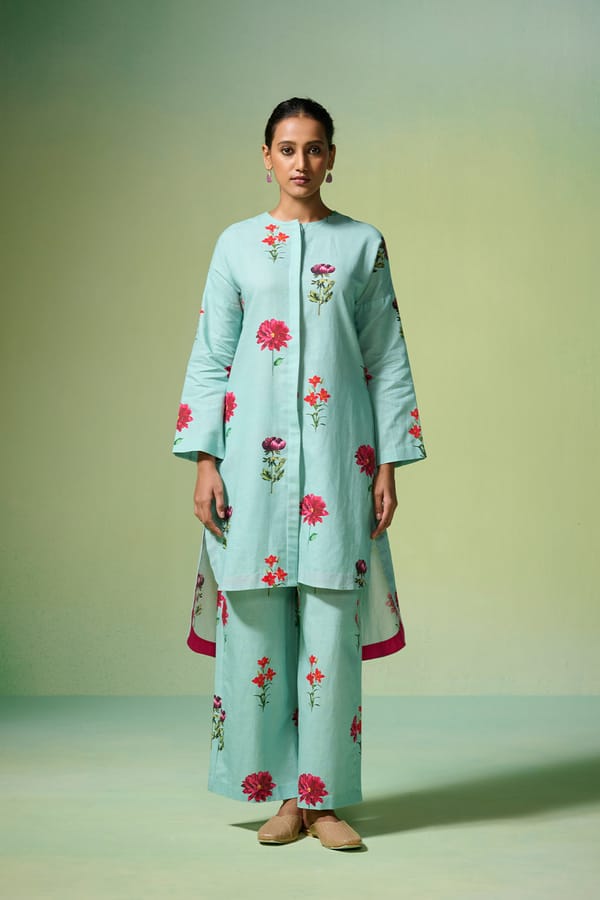 Fresh Blue Floral Linen-Cotton Kurta Set with Pants — Dressfolk