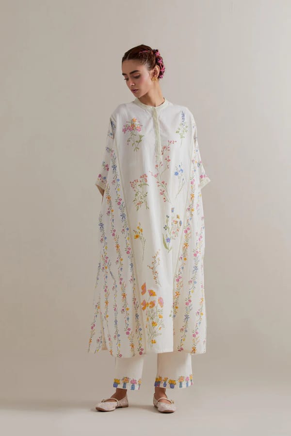Off-White Floral Printed Cotton Kaftan — Upavita