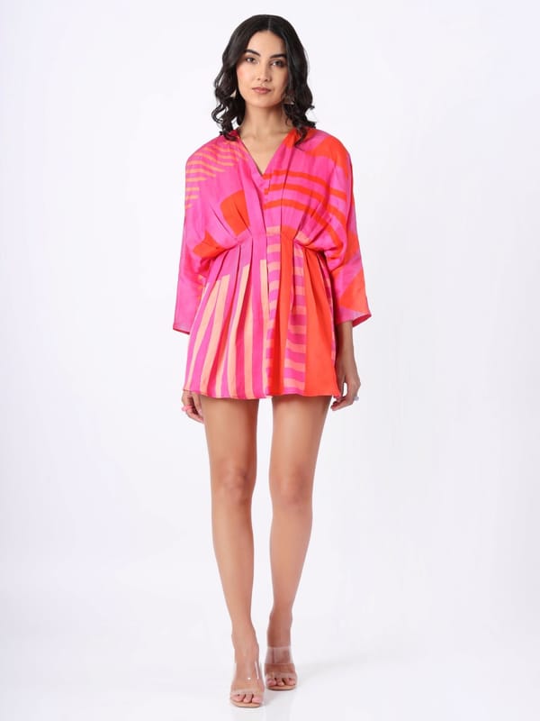 Pink Printed Fit and Flare Mini Dress with V-Neck — House of Soi