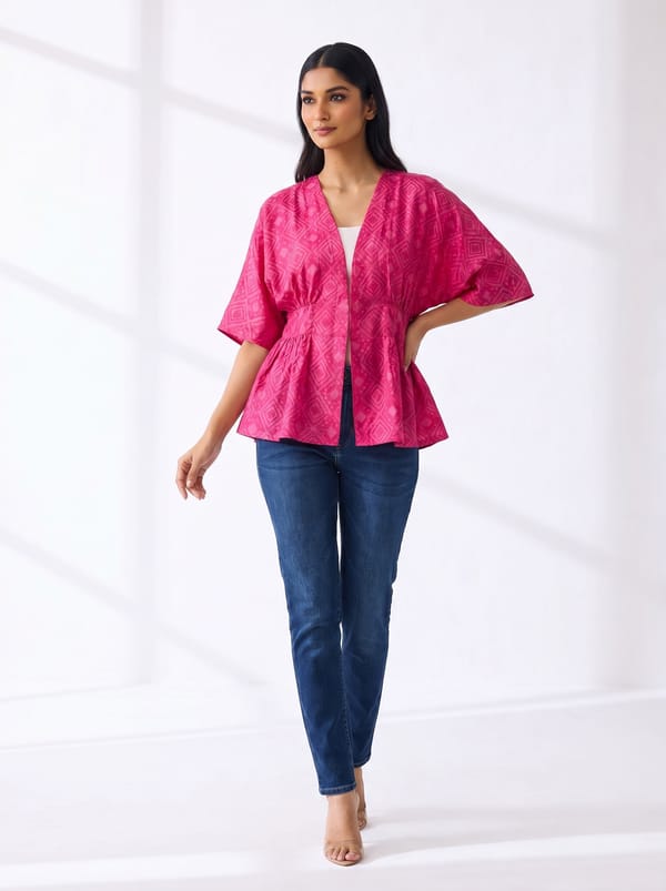 Pink Geometric Print Open-Front Cape Shrug — Festive Folks