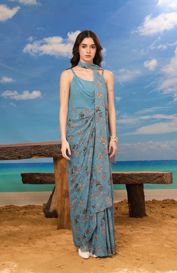 Blue Georgette Drape Maxi Dress with Scarf — ISHA GUPTA TAYAL
