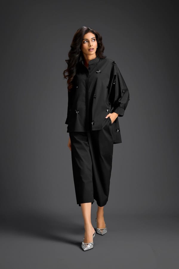 Black Butterfly Embellished Pleated Shirt & Pants Set — Deepika Arora