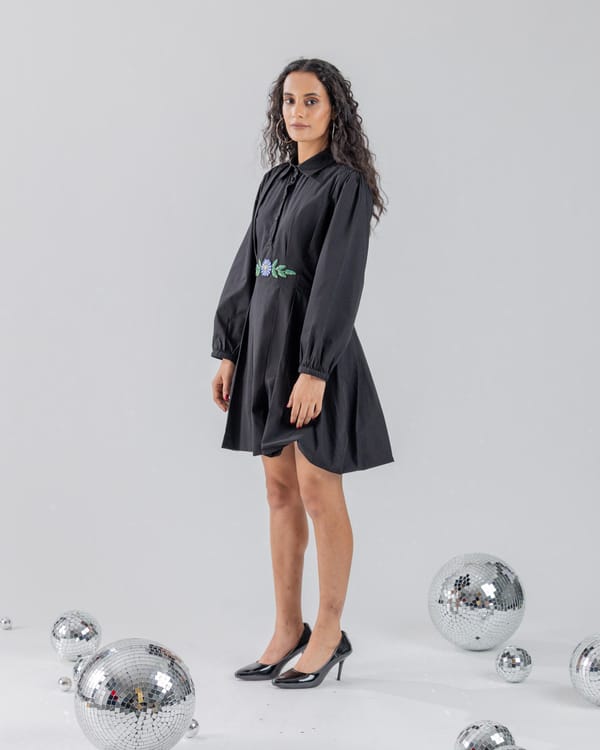 Black Cotton Mini Shirt Dress with Pleated Waist Detail — Ang-sa