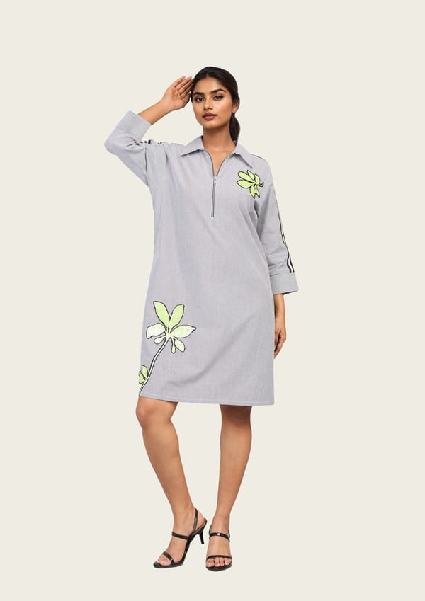 Black and White Pinstripe Cotton Dress with Embroidery — Richa Goenka