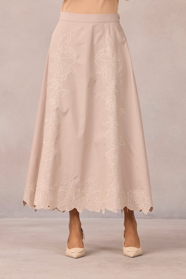 Ginger Beige A-Line Midi Skirt with Floral Cutwork Hem — 63East