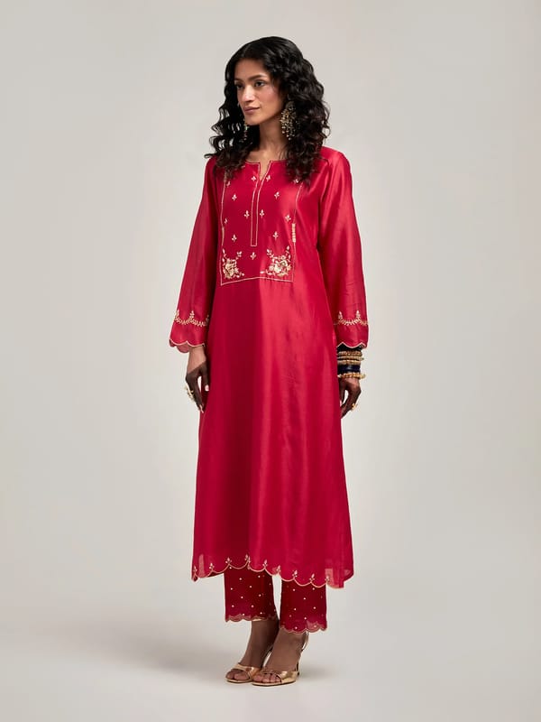 Red Silk Chanderi Embroidered Yoke Kurta Pant Set — Anantaa