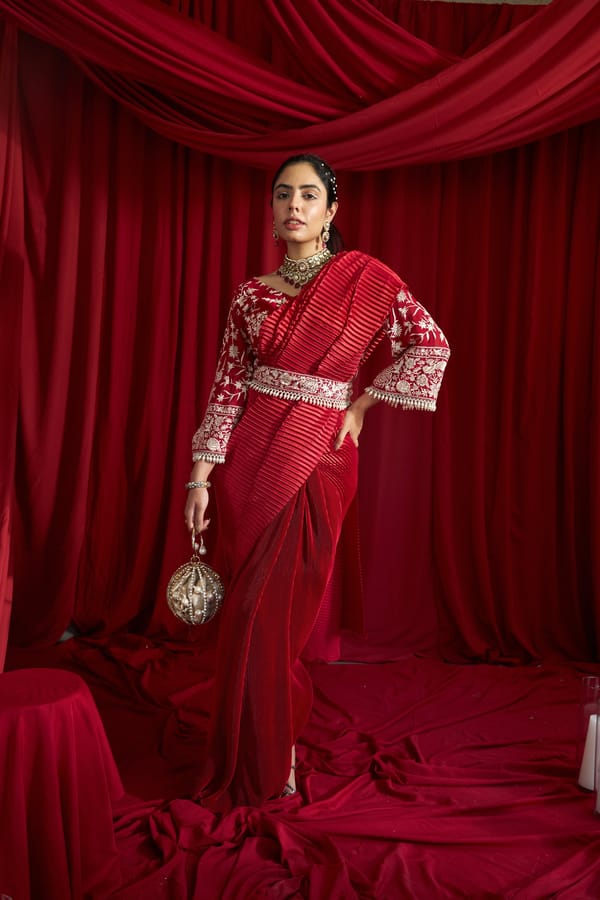 Red Pre-Pleated Skirt Saree Set with Embroidered Blouse — TASUVURE