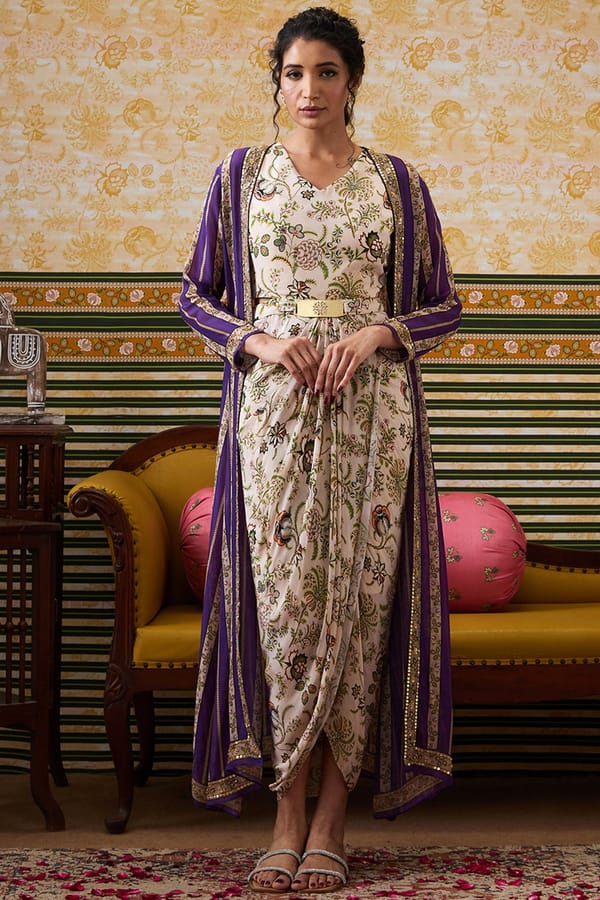 Mehr Drape Dress With Printed Jacket with Belt — SOUP by Sougat Paul