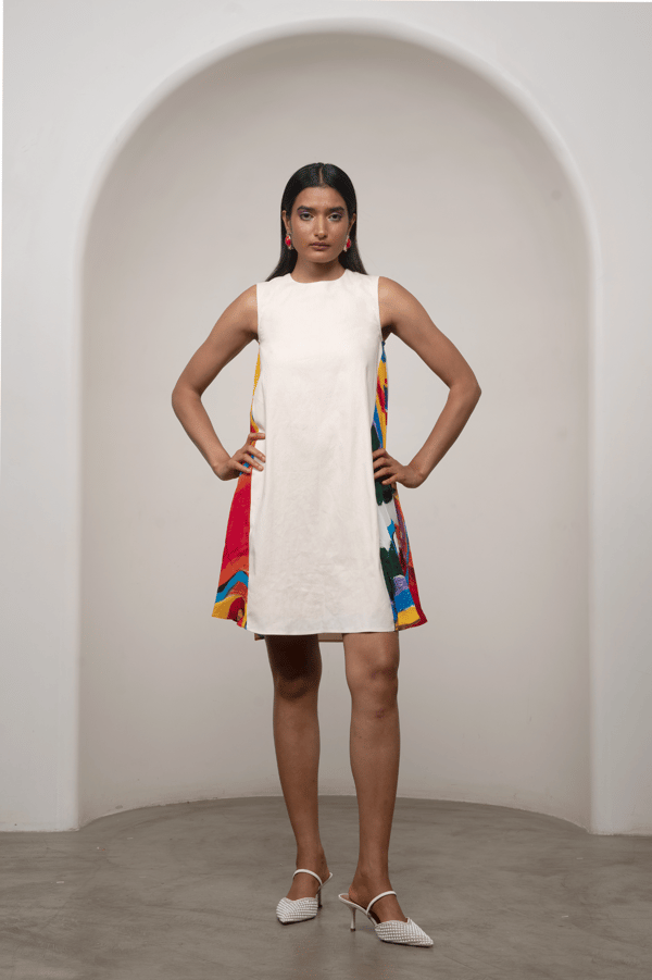 White A-Line Mini Dress with Printed Side Panels — ADVAIT