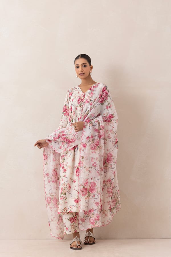 Pink and White Floral Printed Flared Kurta Set — CHHIPA JAIPUR