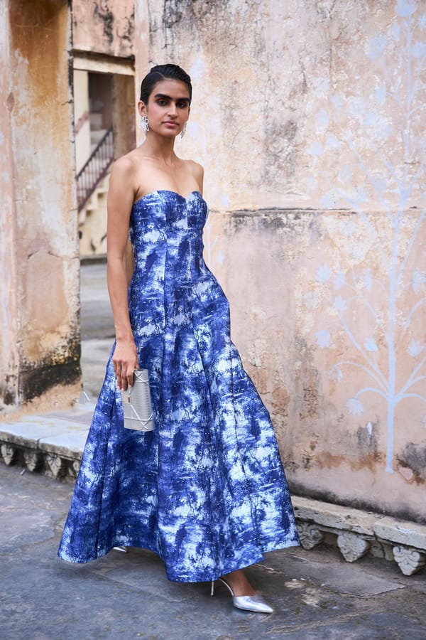 Blue Multi Brocade Sweetheart Neck Maxi Gown — Dash and Dot