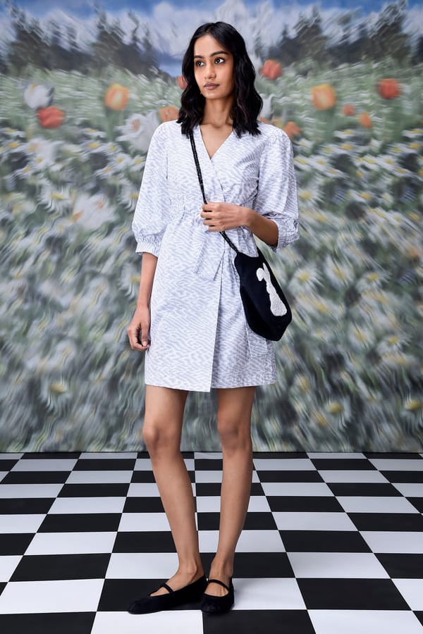 Pearl Grey Abstract Print Wrap Mini Dress — Genes Lecoanet Hemant