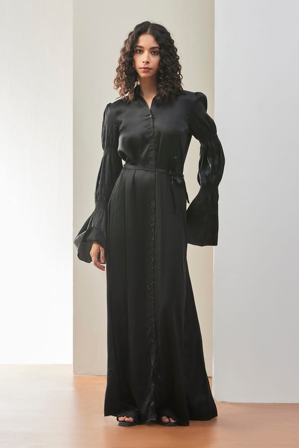 Black Poly Crepe Button-Front Maxi Shirt Dress — Genes Lecoanet Hemant