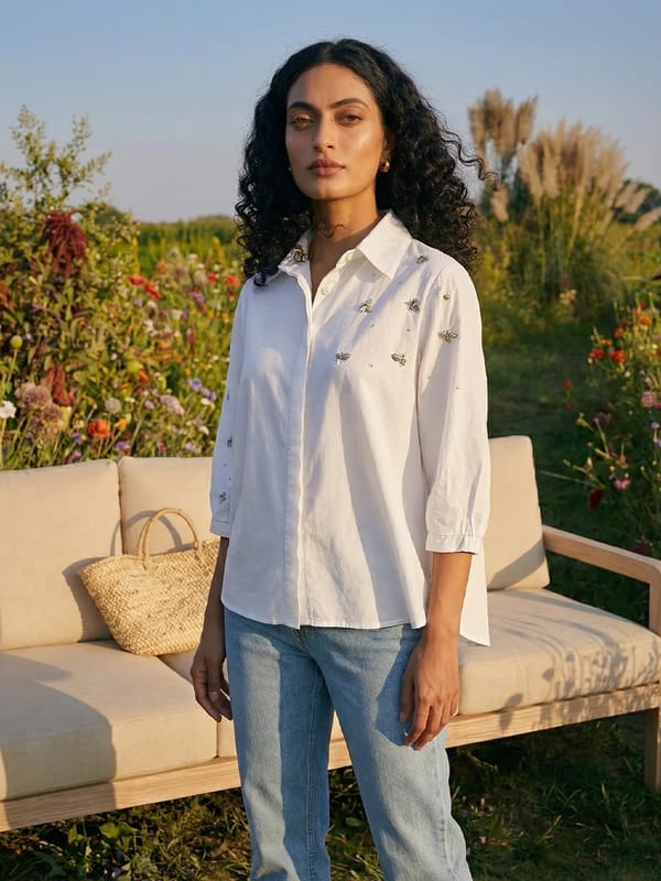 White Cotton Twill Relaxed-Fit Shirt with Motif Detail — HOUSE OF FETT