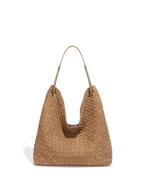 Sia- ladies handwoven tote, faux leather, Caramel — Favori