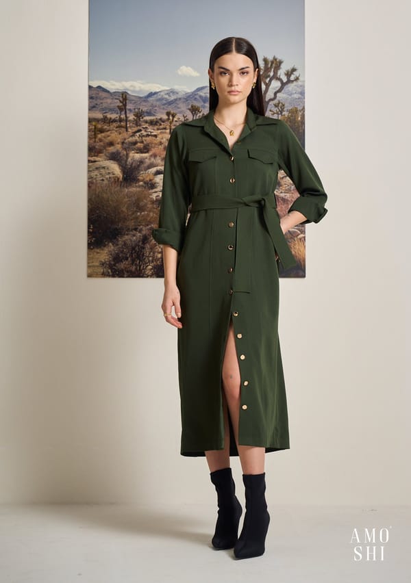 Olive Trench-Inspired Button-Down Belted Midi Dress — AMOSHI