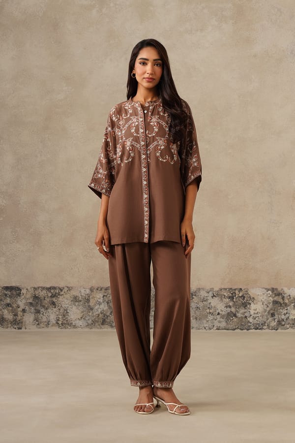 Naaz Brown Linen Embroidered Harem Co-ord Set — INCHING INDIA