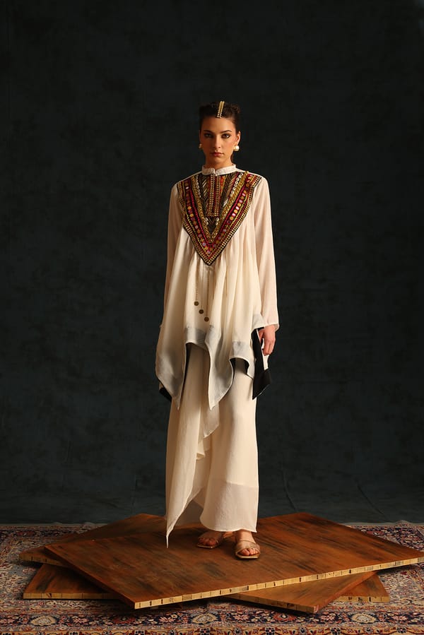 Off-White Embellished Yoke Top and Draped Skirt Co-ord Set — EnEch
