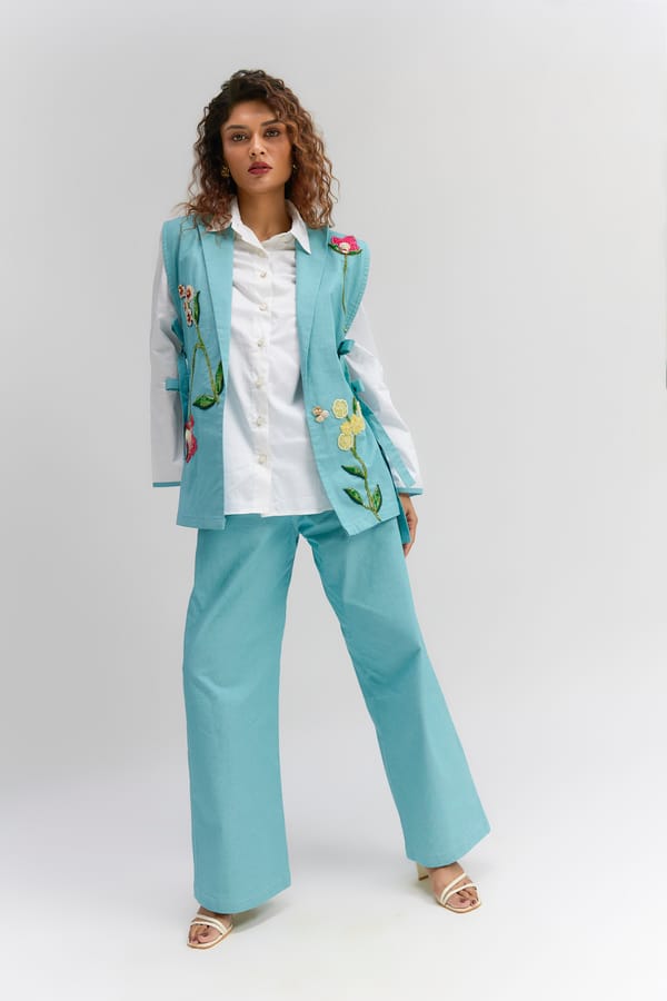 Aqua Blue  Denim Embroidered Open Jacket — Itara an another
