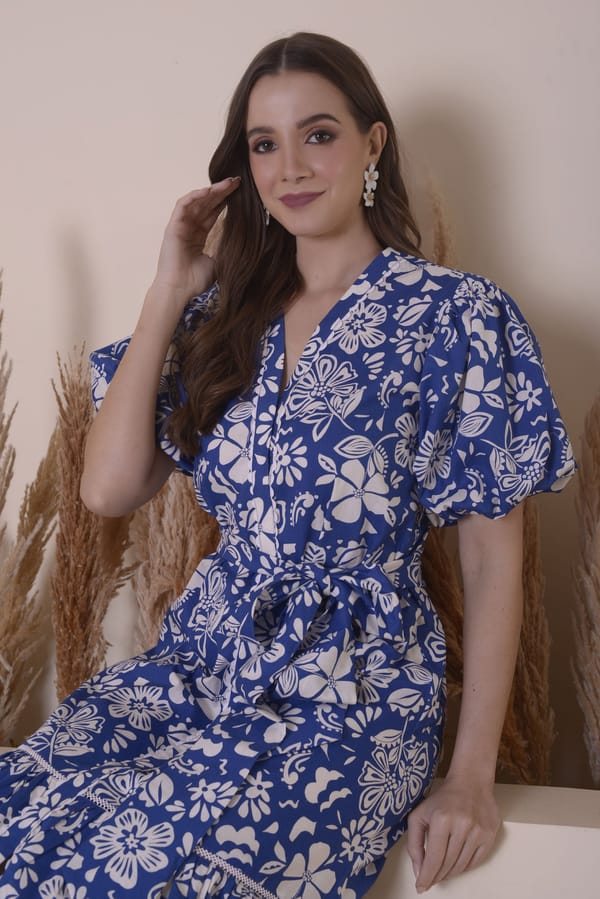 Blue and White Floral Belted Tiered Midi Dress — SURABHI ARYA