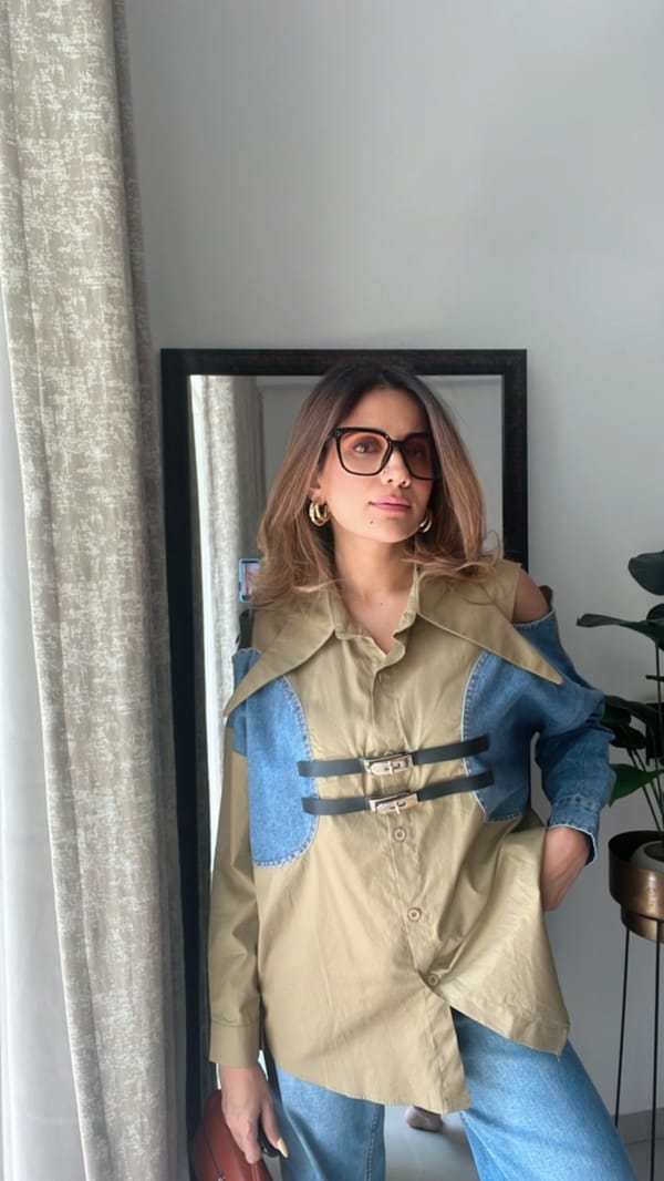 Denim Shoulder Cut Belt Detailed Poplin Shirt — CLOSET AFFAIR