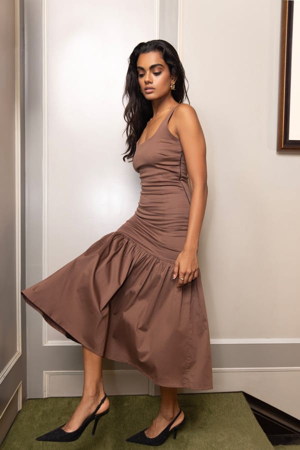 Cocoa Brown Square Neck Fit and Flare Midi Dress — Sage by Mala