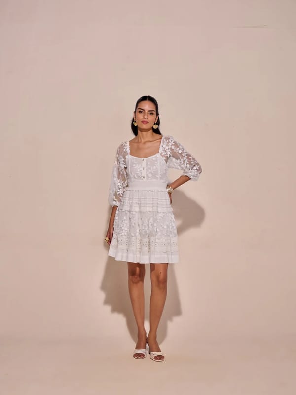 White Lace Tiered Mini Dress with Square Neck — Style Island