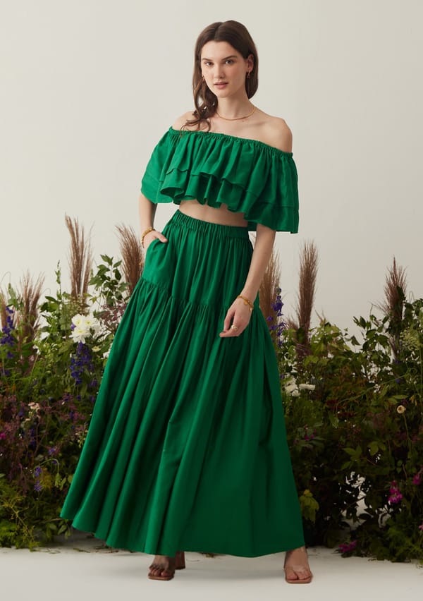 Green Off-Shoulder Ruffle Top and Maxi Skirt Co-ord Set — AMOSHI