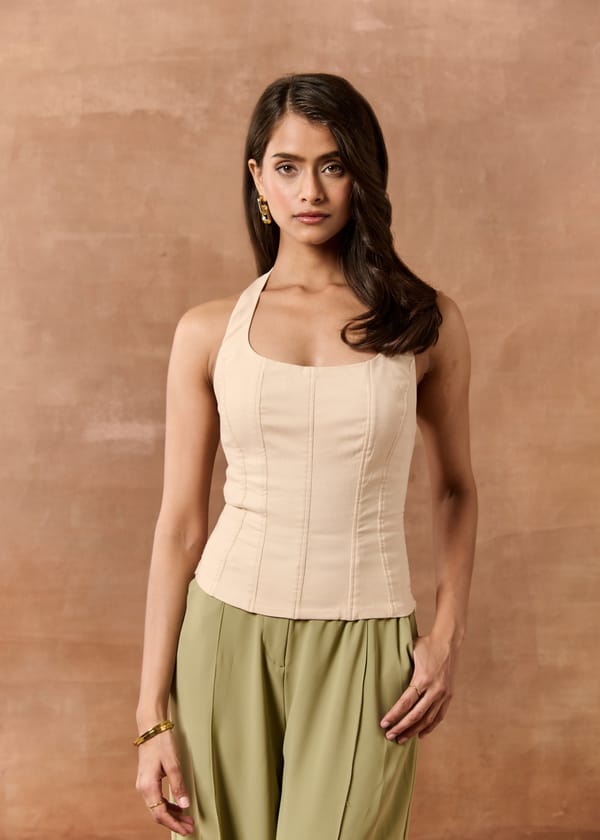 Lorelai Beige Halter Neck Top CL — Lea Clothing