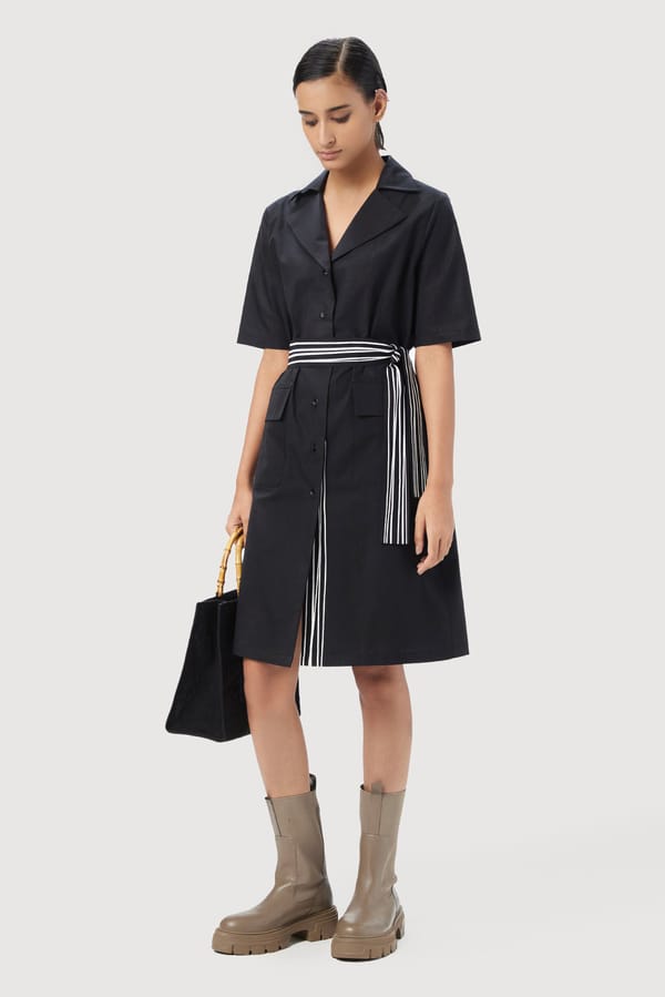 Black Cotton Poplin Shirt Dress with Striped Waist Tie — Genes Lecoanet Hemant
