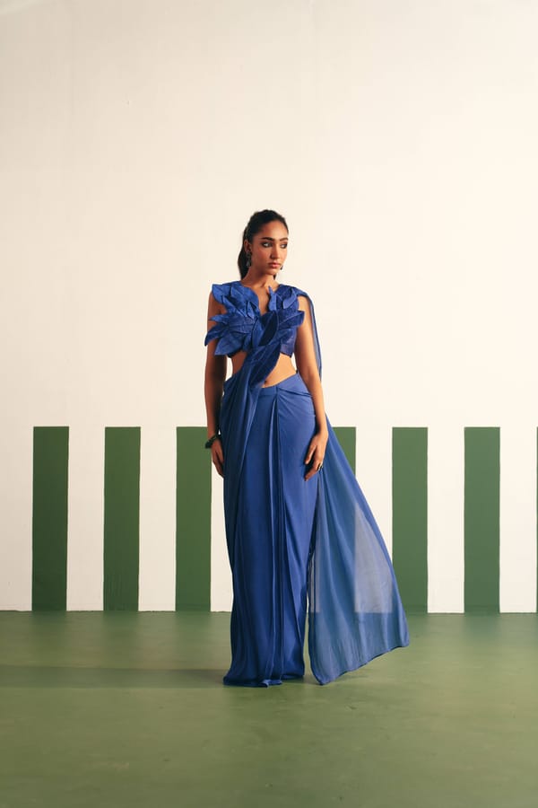 Cobalt Blue Pre-Stitched Saree Set with 3D Leaf Blouse — Reeti Arneja