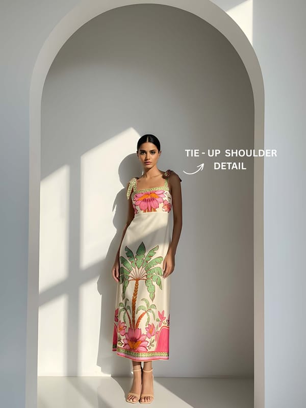 Cream Tropical Palm Print Tie-Strap Midi Dress — POPPI