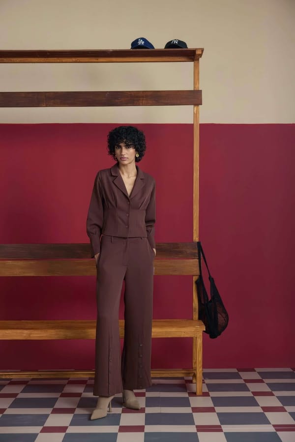Brown Cropped Shirt and Wide-Leg Trousers Co-ord Set — Muvazo
